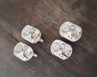 2 Pairs Watch Movement Cufflinks, Steampunk, Vintage, Wedding Groom Gift, Mens Retro Present, Best Man Gift Ideas, Gift for men, Cuff Links