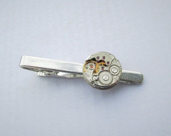 Watch Movement Tie Clips, Steampunk tie clip, Wedding Groom, tie clip silver, tie clips men, Tie Clips for groom, Best Man, Gift for men