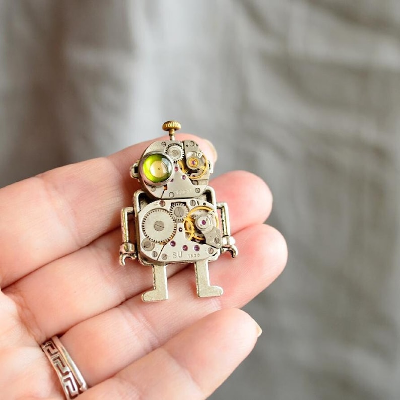 Brooch Robot/ Green eye Robot Steampunk Brooch/ Funny Robot Brooch/ Mr Robot/ Industrial Brooch/ Android/ Robot lovers gift/ Cool Gifts image 1