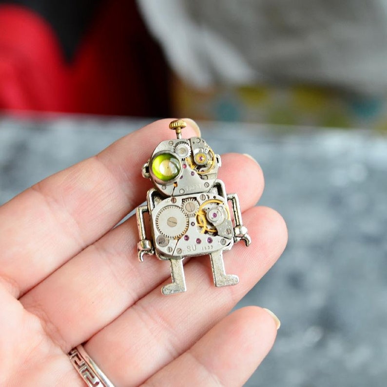 Brooch Robot/ Green eye Robot Steampunk Brooch/ Funny Robot Brooch/ Mr Robot/ Industrial Brooch/ Android/ Robot lovers gift/ Cool Gifts image 5