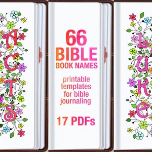 NAMES of 66 BIBLE BOOKS, bible journaling printable template bundle, illustrated faith journaling, bible verse study bookmarks stickers