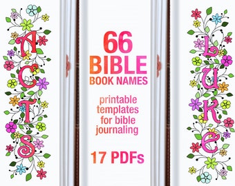 NAMES of 66 BIBLE BOOKS, bible journaling printable template bundle, illustrated faith journaling, bible verse study bookmarks stickers