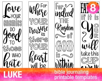 LUKE - 4 Bible journaling printable templates, illustrated christian faith bookmarks, black and white bible verse prayer journal stickers