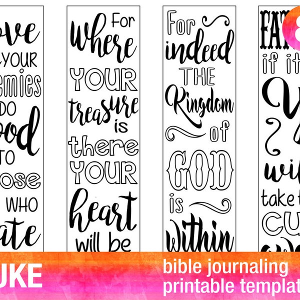 LUKE - 4 Bible journaling printable templates, illustrated christian faith bookmarks, black and white bible verse prayer journal stickers