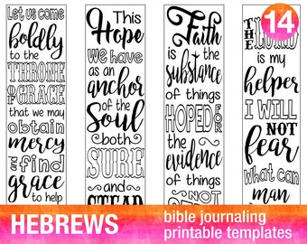 HEBREWS - 4 Bible journaling printable templates, illustrated christian faith bookmarks, black and white bible verse prayer journal stickers