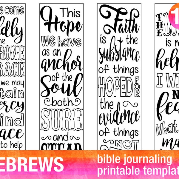 HEBREWS - 4 Bible journaling printable templates, illustrated christian faith bookmarks, black and white bible verse prayer journal stickers