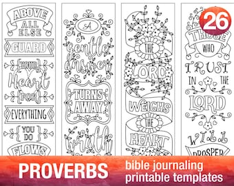 PROVERBS - 4 Bible journaling printable templates, illustrated christian faith bookmarks, black and white bible verse prayer journal