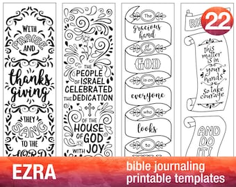 EZRA - 4 Bible journaling printable templates, illustrated christian faith bookmarks, black and white bible verse prayer journal