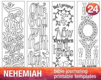 NEHEMIAH - 4 Bible journaling printable templates, illustrated christian faith bookmarks, black and white bible verse prayer journal