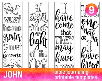 JOHN - 4 Bible journaling printable templates, illustrated christian faith bookmarks, black and white bible verse prayer journal stickers