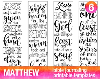 MATTHEW - 4 Bible journaling printable templates, illustrated christian faith bookmarks, black and white bible verse prayer journal download