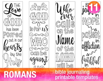 ROMANS - 4 Bible journaling printable templates, illustrated christian faith bookmarks, black and white bible verse prayer journal stickers