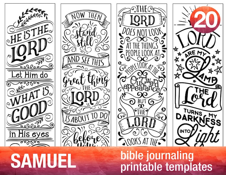 SAMUEL 4 Bible journaling printable templates, illustrated christian faith bookmarks, black and white bible verse prayer journal stickers image 1