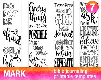 MARK - 4 Bible journaling printable templates, illustrated christian faith bookmarks, black and white bible verse prayer journal stickers