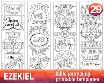 EZEKIEL - 4 Bible journaling printable templates, illustrated christian faith bookmarks, black and white bible verse prayer journal