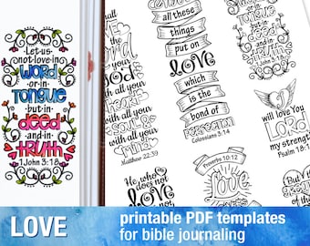 LOVE - Bible journaling printable templates, illustrated christian faith bookmarks, black and white bible verse prayer journal download art