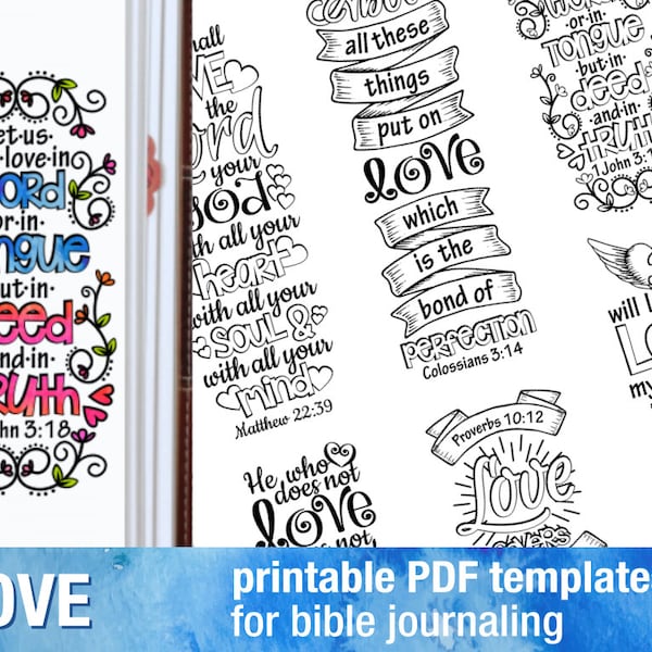 LOVE - Bible journaling printable templates, illustrated christian faith bookmarks, black and white bible verse prayer journal download art