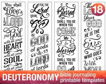 DEUTERONOMY - 4 Bible journaling printable templates, illustrated christian faith bookmarks, black and white bible verse prayer journal art