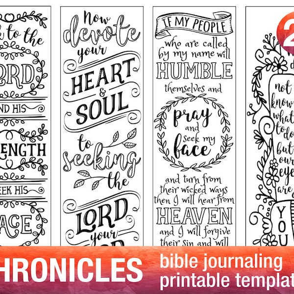 CHRONICLES - 4 Bible journaling printable templates, illustrated christian faith bookmarks, black and white bible verse prayer journal