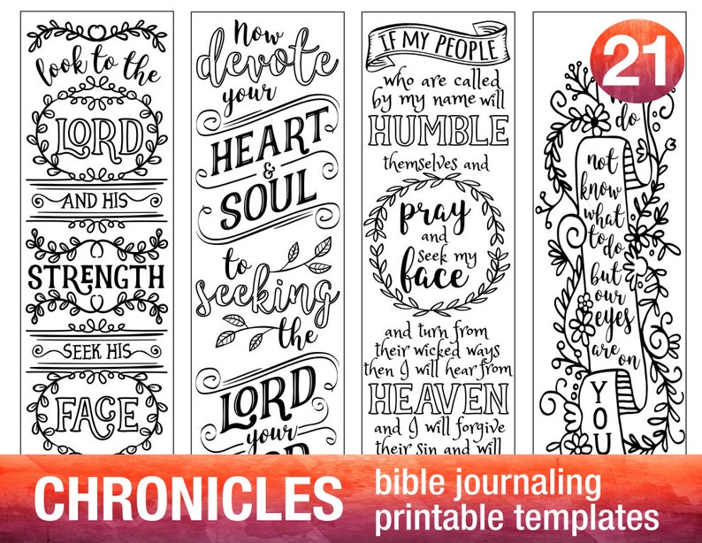 CHRONICLES 4 Bible journaling printable templates, illustrated christian faith bookmarks, black and white bible verse prayer journal image 1