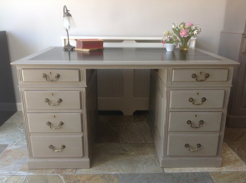 Antique Retro Oak Library Table Writing Desk Office Hand Painted Grey Annie Sloan French Linen And Graphite Black