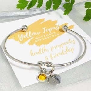 Personalised November Birthstone Bracelet, Yellow Topaz Crystal Birthstone Jewellery, Non-Tarnish Stainless Steel Friendship Knot Bangle
