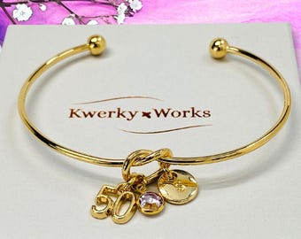 50th Birthday Bracelet: Personalised Gold-Plated Birthstone and Initial Charm Bracelet