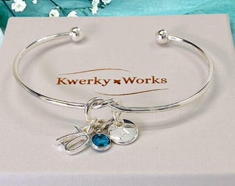 70th Birthday Gift for Her: Personalised Silver Birthstone and Initial Bracelet for Women