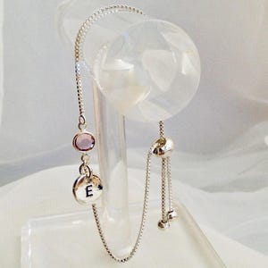 Personalized Silver Slider Bracelet, Light Amethyst June Birthstone, Initial Charm