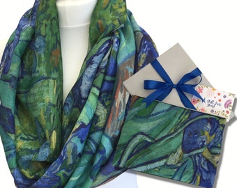 Van Gogh Irises Print Scarf in Gift Box, Floral Print Wrap for Women, Great Paintings Gift Box Scarf UK, Green Floral Scarf