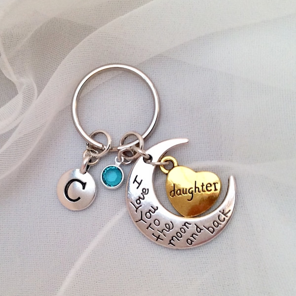 Daughters Gift, Personalized Keyring for Daughter, Daughter Graduation Gift, Heart Charm Keyring, March Birthstone keychain