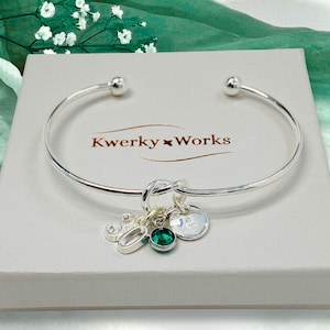 30th Birthday Gift for Daughter: Personalized Silver Bracelet with Birthstone and Initial Charms