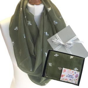 Silver Bee Print Scarf, Metallic Bee Print on Green Scarf, Grey Scarf with Shiny Bee Print, Navy Scarf for Women, Ladies Autumn Scarf UK