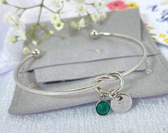 Personalised Silver Knot Bracelet: Initial and Birthstone Jewellery Gift For Women
