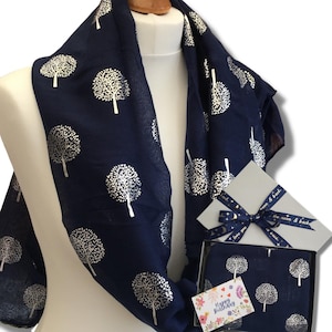 Tree of Life Print Blue or Grey Scarf Gift Box, Navy Blue Scarf with Silver Tree of Life Print, Grey Scarves for Women, Birthday Gift Scarf