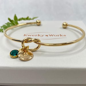 Personalised Gold Friendship Knot Bracelet: Initial and Birthstone Jewellery Gift for Women
