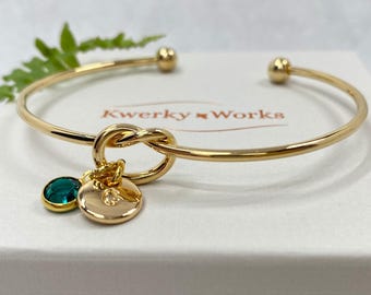 Personalised Gold Friendship Knot Bracelet: Initial and Birthstone Jewellery Gift for Women