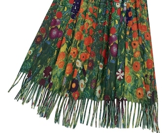 Klimt Flower Garden Print Wool Scarf, Flower Garden Print Warm Shawl for Women, Warm Green with Red Scarf Gift for Spring and Autumn Wear