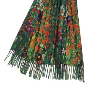 Klimt Flower Garden Print Wool Scarf, Flower Garden Print Warm Shawl for Women, Warm Green with Red Scarf Gift for Spring and Autumn Wear