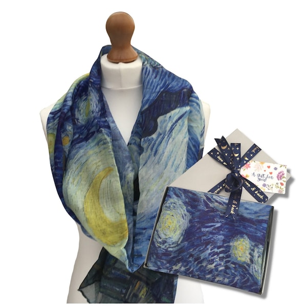 Van Gogh Starry Night Painting Scarf in Gift Box, Starry Night Print Scarf for Women, Art Scarf in Gift Box UK, Blue Scarf Birthday Gift
