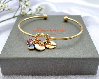 Personalized Gold Plated Family Birthstone Bracelet: Knot Bangle with Initial and Crystal Charms