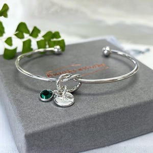 Personalised Silver Knot Bracelet with Initial and Birthstone Crystal: Meaningful Jewellery Gift for Women