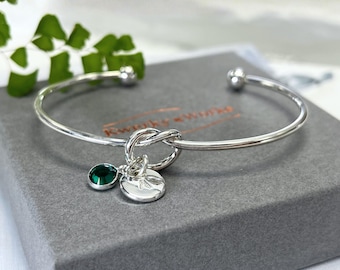 Personalised Silver Knot Bracelet with Initial and Birthstone Crystal: Meaningful Jewellery Gift for Women