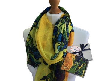 Van Gogh Irises Print Scarf in Gift Box, Van Gogh Floral Print Wrap for Women, Great Paintings Gift Box Scarf in the UK, Yellow Floral Scraf