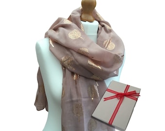 Dusty Pink Scarf with Metallic Tree of Life Print, Personalised Scarf in Gift Box, Ladies Scarf, Scarf Gift for Women, Birthday Gift