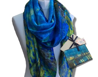 Sterrennacht boven de Rhône print sjaal in geschenkdoos, Van Gogh Sterrennacht zijden sjaal voor vrouwen, geweldige schilderijen geschenkdoos sjaal in het Verenigd Koninkrijk
