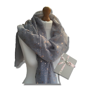 Gift Box Scarf, Light Grey Metallic Star Print Scarf, Light Grey Scarf with Starry Night Print, Scarf for Women, Autumn Scarf