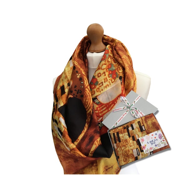 Foulard Klimt The Kiss dans une boîte cadeau, écharpe en soie The Kiss, écharpe artistique en soie pour femme, écharpe de superbes peintures dans une boîte cadeau pour elle au Royaume-Uni