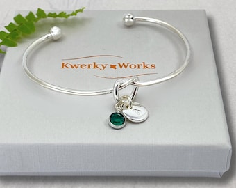 Personalised Silver Knot Bracelet with Initial and Birthstone Crystal: Meaningful Jewellery Gift for Women