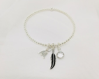 Personalised Sterling Silver Beaded Stretch Bracelet with a Sterling Silver Feather Charm, Initial and Birthstone Crystal, Gift for Her